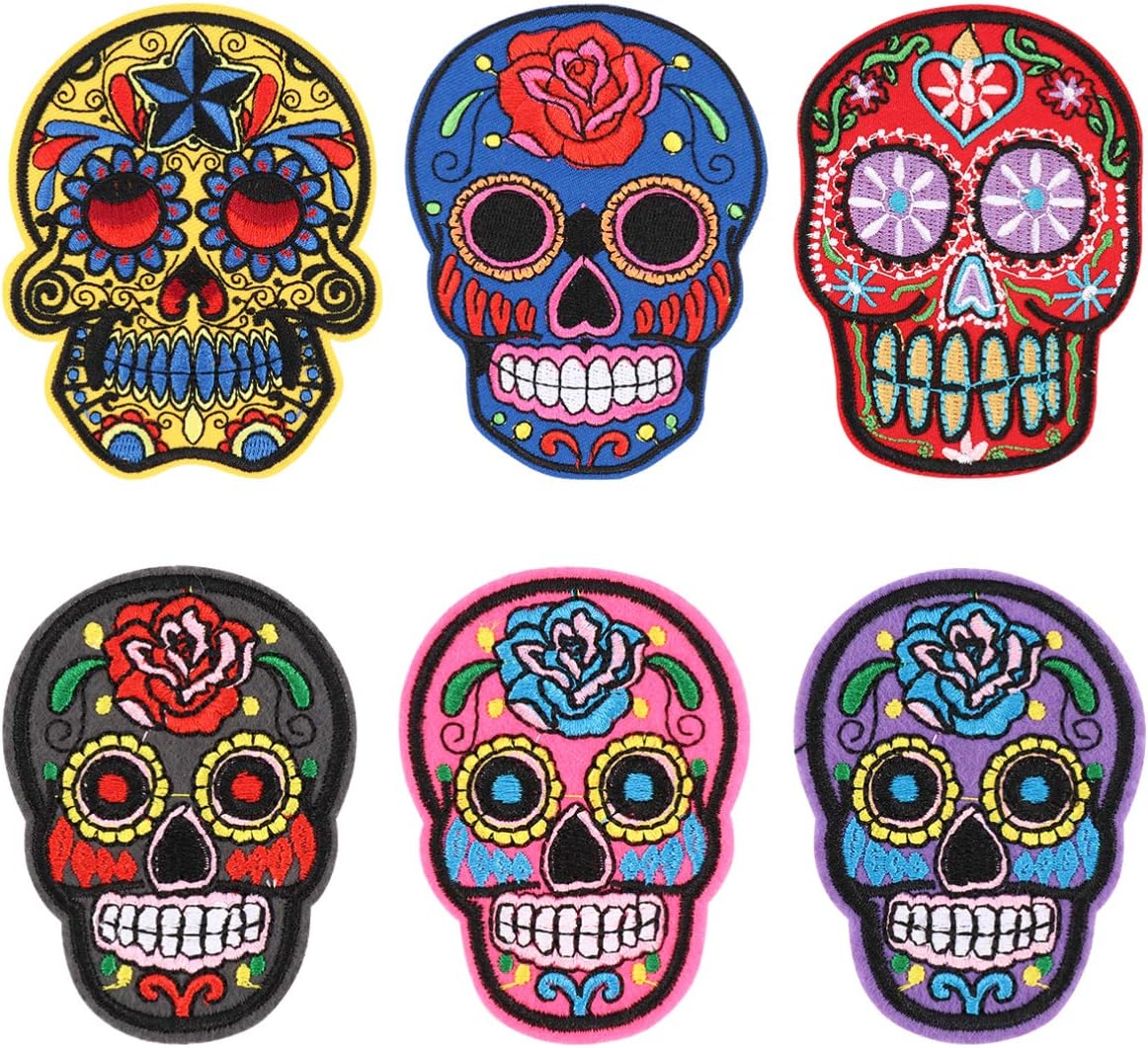 HEALLILY 6Pcs Skull Embroidered Patches Iron On/Sew On Applique Patch Self Adhesive Embroidered Custom Backpack Patches Cool Patches for Men, Women, Kids
