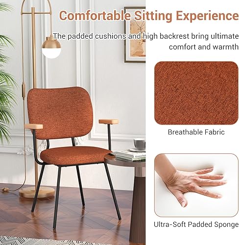 Miniatura 6 de Giantex Juego de 2 sillas de comedor de tela moderna, sillones acolchados con tela de lino, patas de metal resistentes, respaldo curvo, carga de