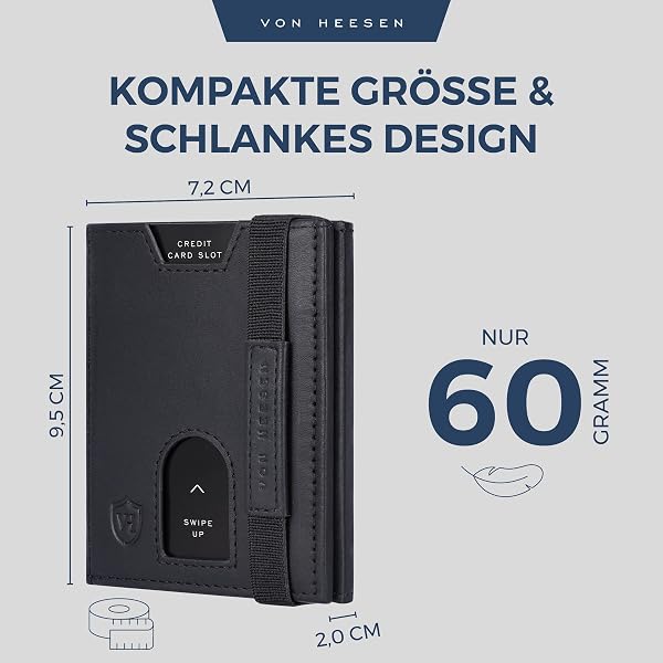 VON HEESEN Mini Kartenetui Ohne Münzfach 6-12 Karten - RFID-Schutz - Leder Geldbörse Damen Herren - Geldbeutel Männer klein - Portemonnaie Portmonaise Portmonee Slim Wallet (Schwarz Waxy) - 5