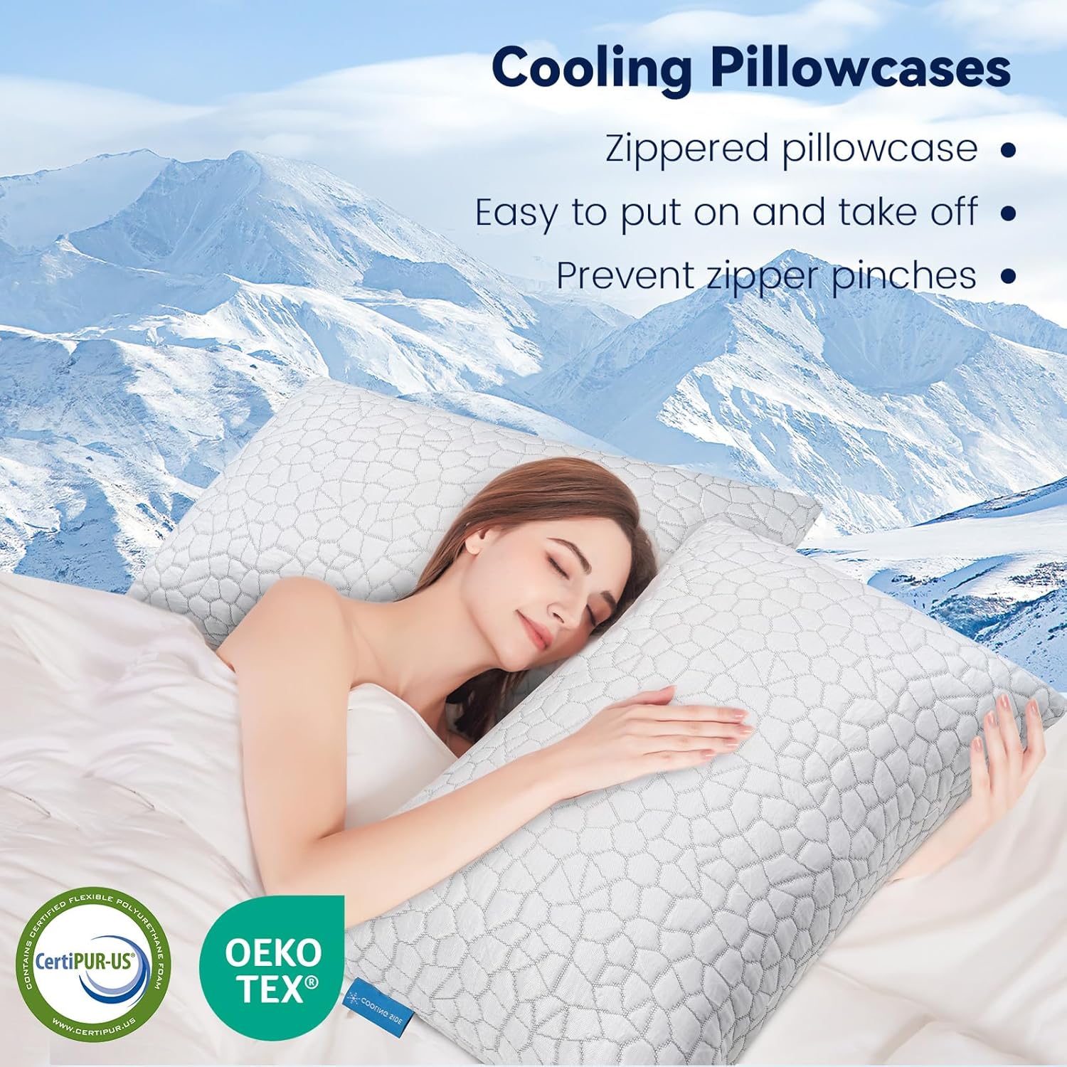 2-Pack Queen Cooling Fiber Pillowcases – Luxury, fits Hotel/Memory Foam/Down Pillows, Smooth Zippers, for hot Sleepers, Machine Washable.