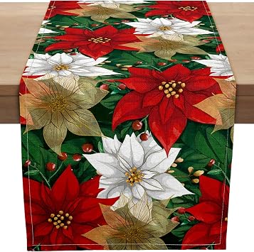 PROCIDA Poinsettia Christmas Table Runner, Red Holly Poinsettia Table Runners Burlap Seasonal Xmas Winter Holiday Kitchen Dinning Table Decor for Home Party 13x48 Inch