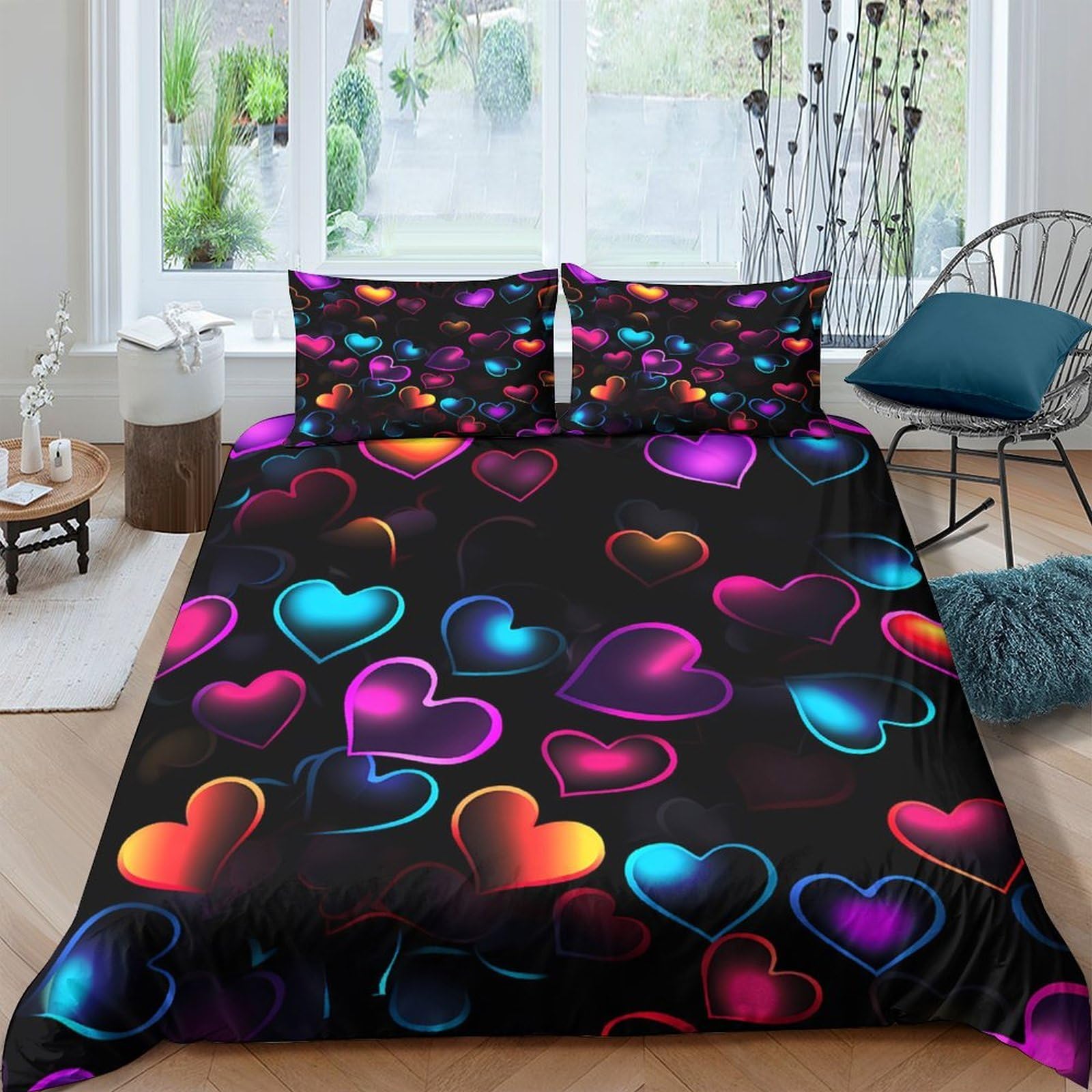 Ctjqhvkz Style-4 3D Printed Neon Heart Fitted Sheet Microfiber Soft Breathable Colorful Love Mattress Cover Bedroom Dorm Decor Single（135X200cm）