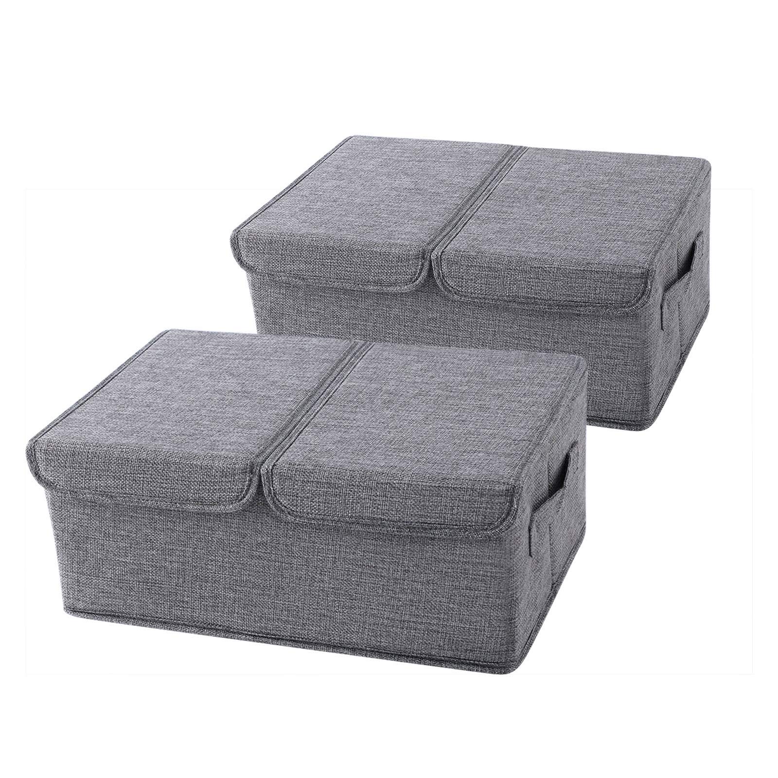 Foldable Storage Bins with Lid[2-Pack] Linen Fabric Storage Bin Collapsible Storage Box,Basket with Lids for Bedroom Clothes Storage Containers for Home Bedroom Closet (Grey, Small(2-Pack))
