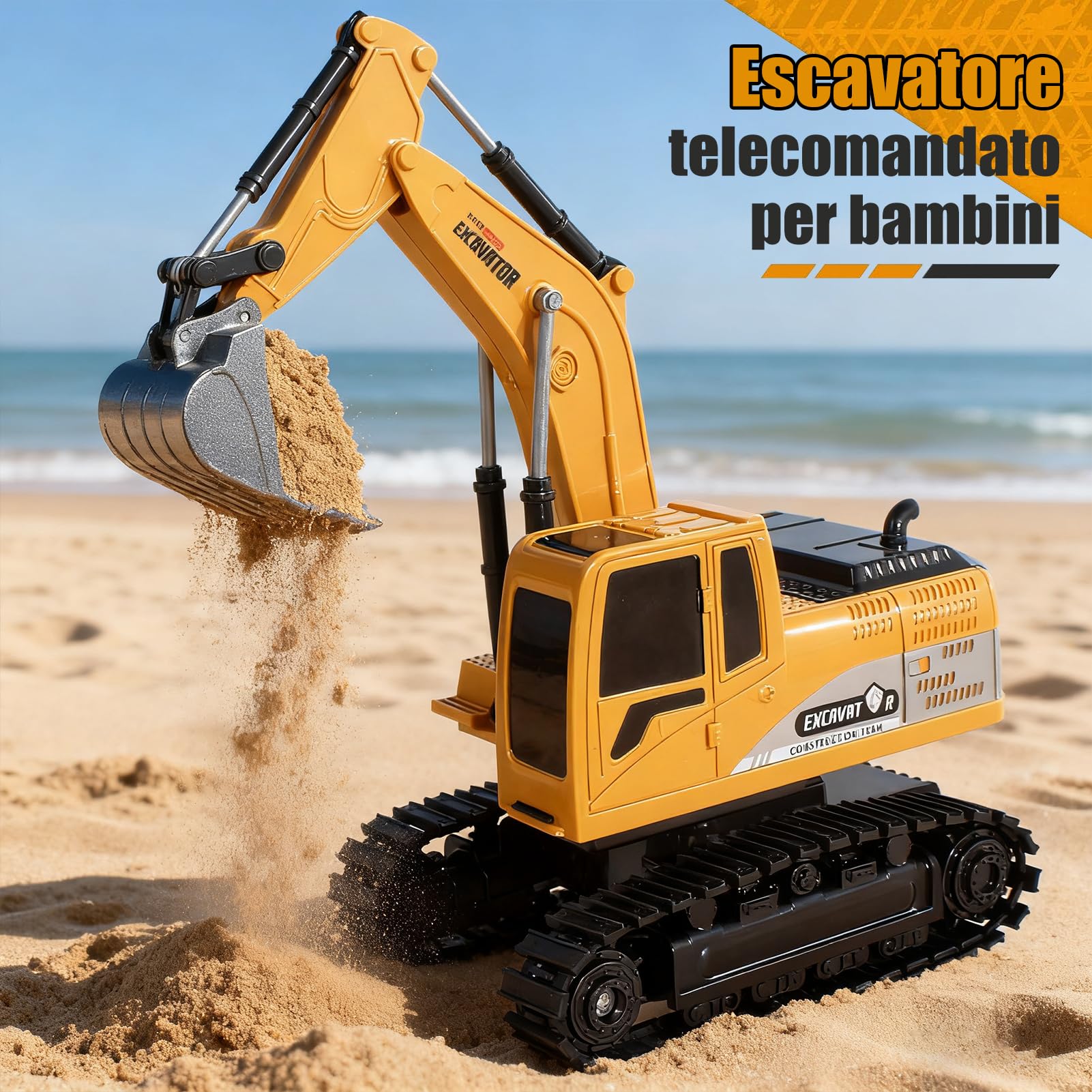 Jiakora Escavatore Telecomandato per Bambini, Escavatori Radiocomandato con Spalletta in Metallo, Escavatore giocattoli per Ragazzi con luci e Suoni, Sand Digger Regali per Bambini dai 4-8 Anni