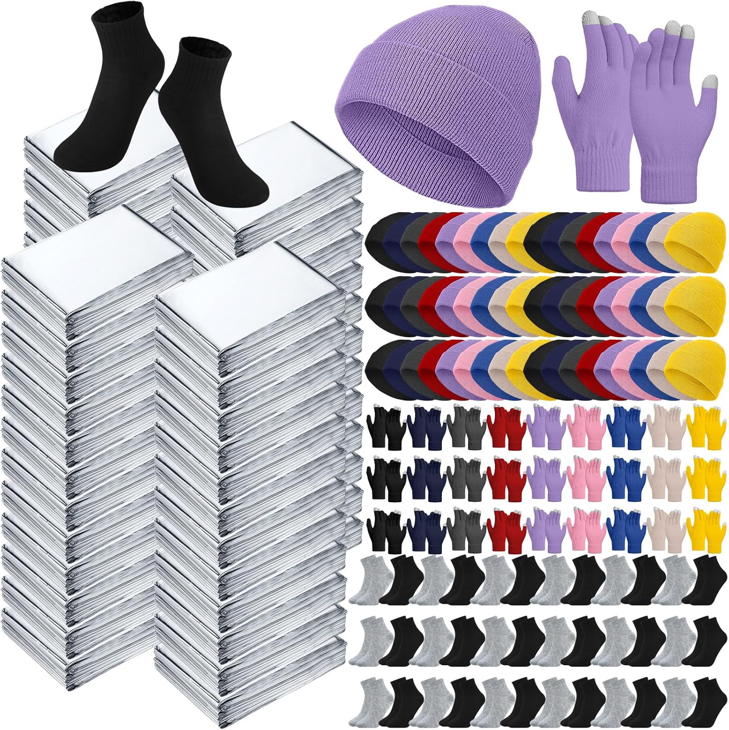 400 Pcs Thermal Blankets Winter Warmth Set Bulk, Warm Socks Winter Touchscreen Gloves Beanie Hats Emergency Foil Blankets (Vibrant)