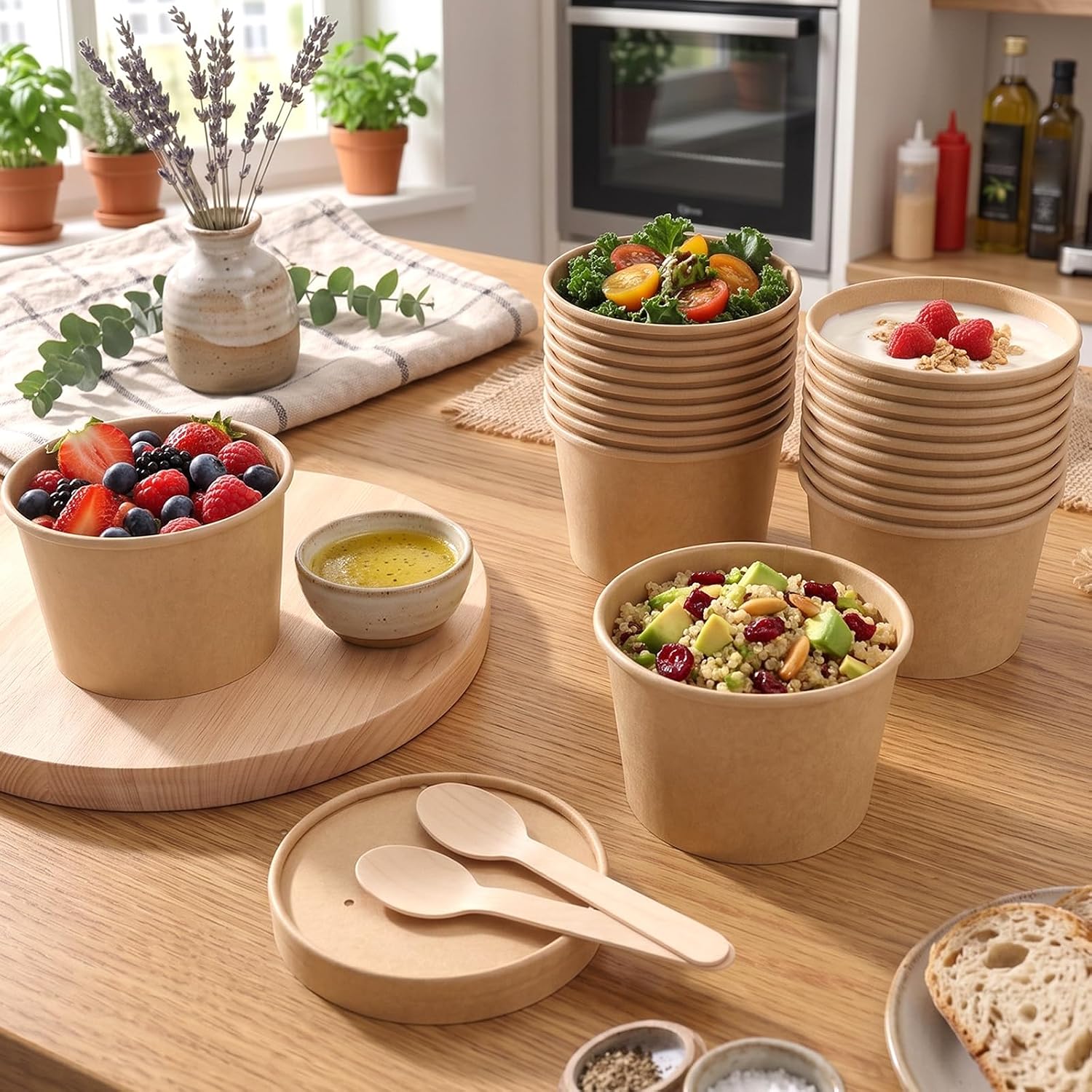 50 Pack 8oz Paper Soup Containers with Lids & Spoons Disposable Paper Soup Bowls with Lids Small Ice Cream Cups for Hot Drinking, Food,Thanksgiving Party