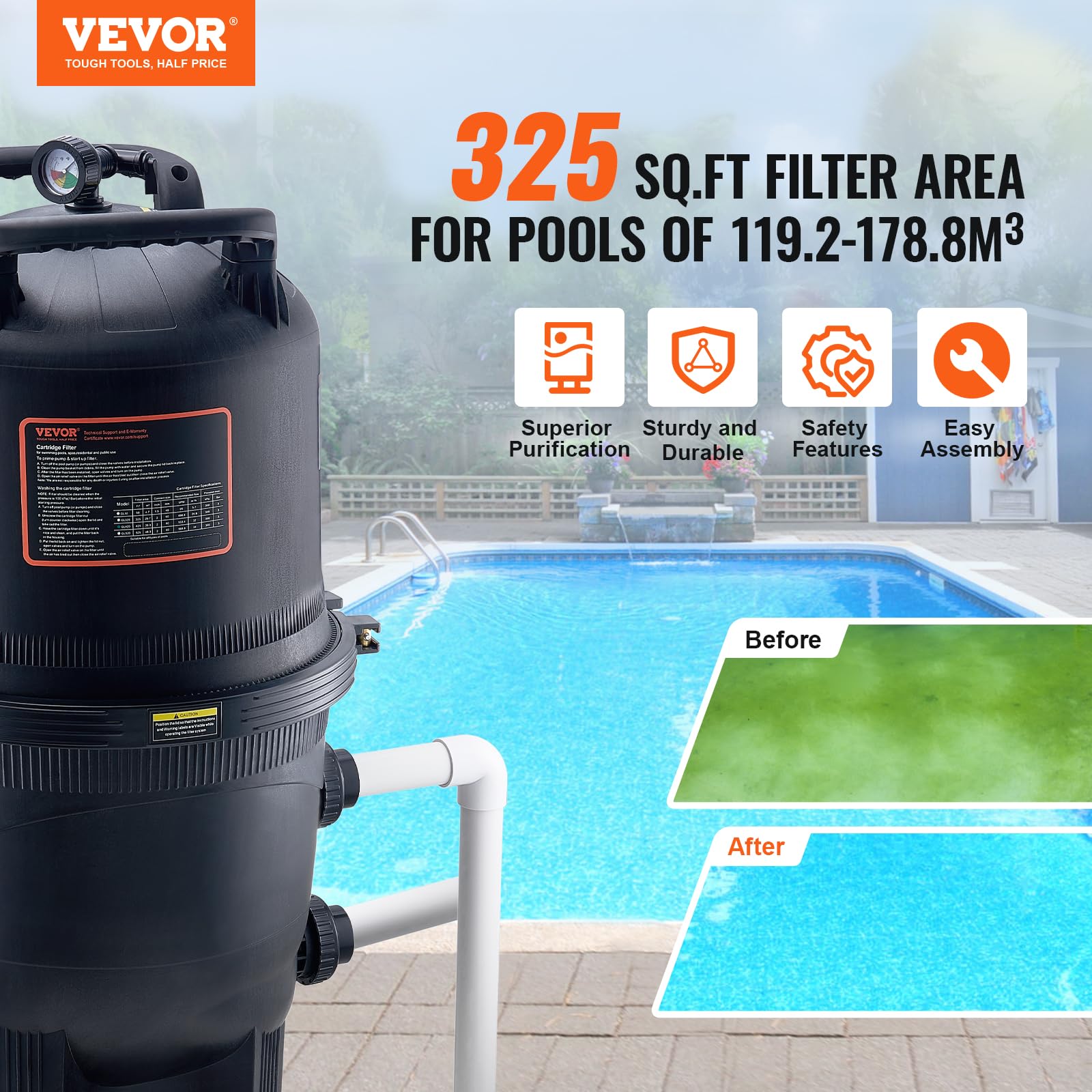 VEVOR Filtro de Piscina de Cartucho m² Filtro de Piscina Enterrada Sistema de Filtración de Piscina sobre el Suelo con Filtro Mejorado a Prueba de Fugas para Jacuzzi, SPA, Piscina Inflable