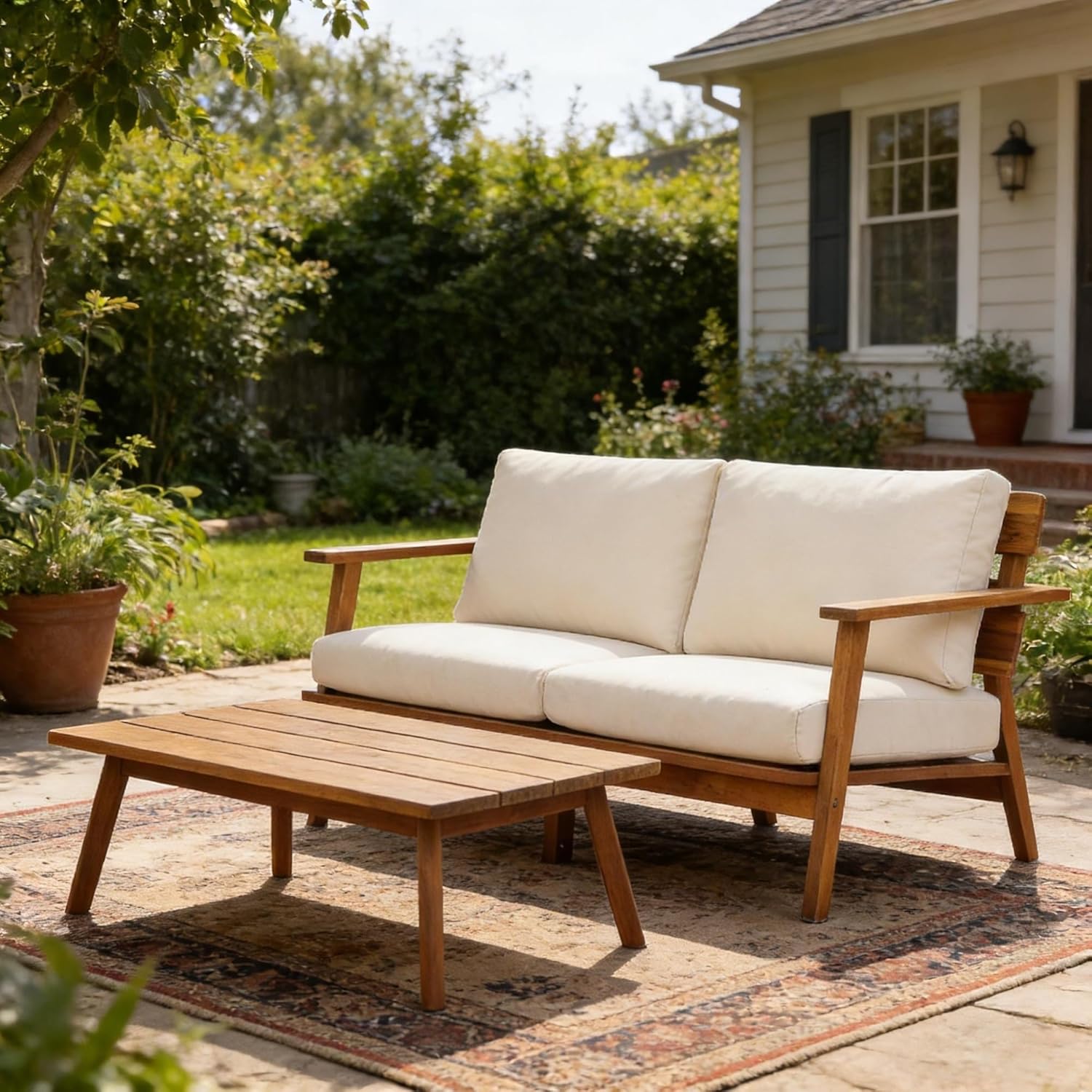 2-Piece Mid-Century Modern Patio Set – Acacia Wood Loveseat & Slatted Coffee Table with Weather-Resistant Cushions for Stylish, Durable Outdoor Living