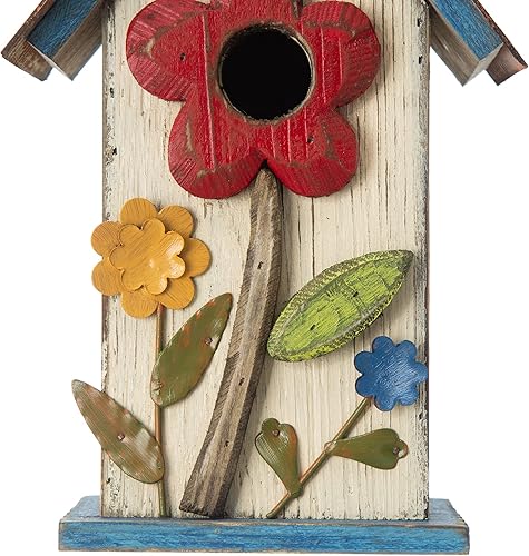 Miniatura 50 de Glitzhome Casas para pájaros para exteriores, casa de pájaros de madera maciza envejecida de gran tamaño de 15 pulgadas de largo con flores 3D