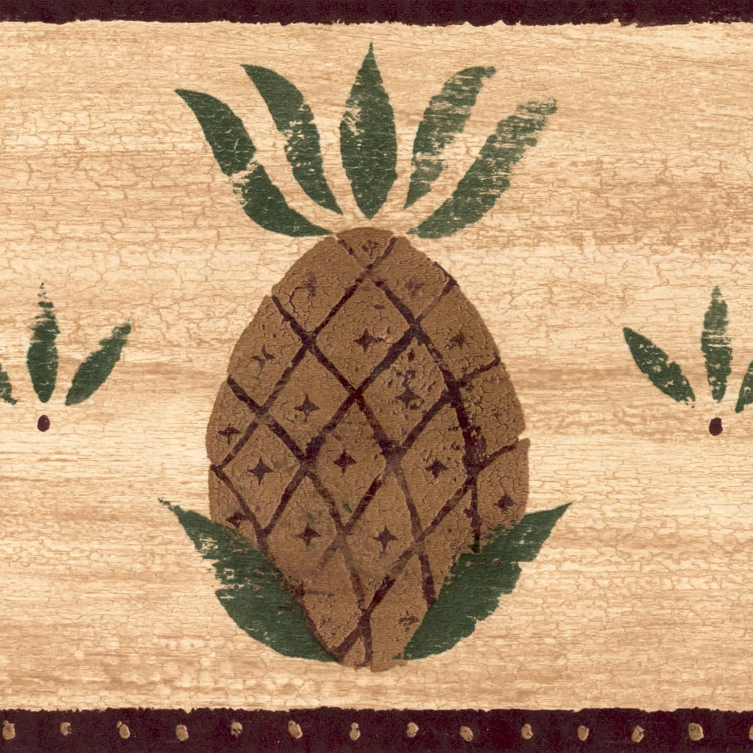 CONCORD WALLCOVERINGS ™ Rustic Pineapple Kitchen Wallpaper Border, 6.6" x 15' Faux Crackle Finish, Beige Brown Green, Prepasted Washable Vinyl for Cozy Farmhouse & Country Kitchens #GG54172B