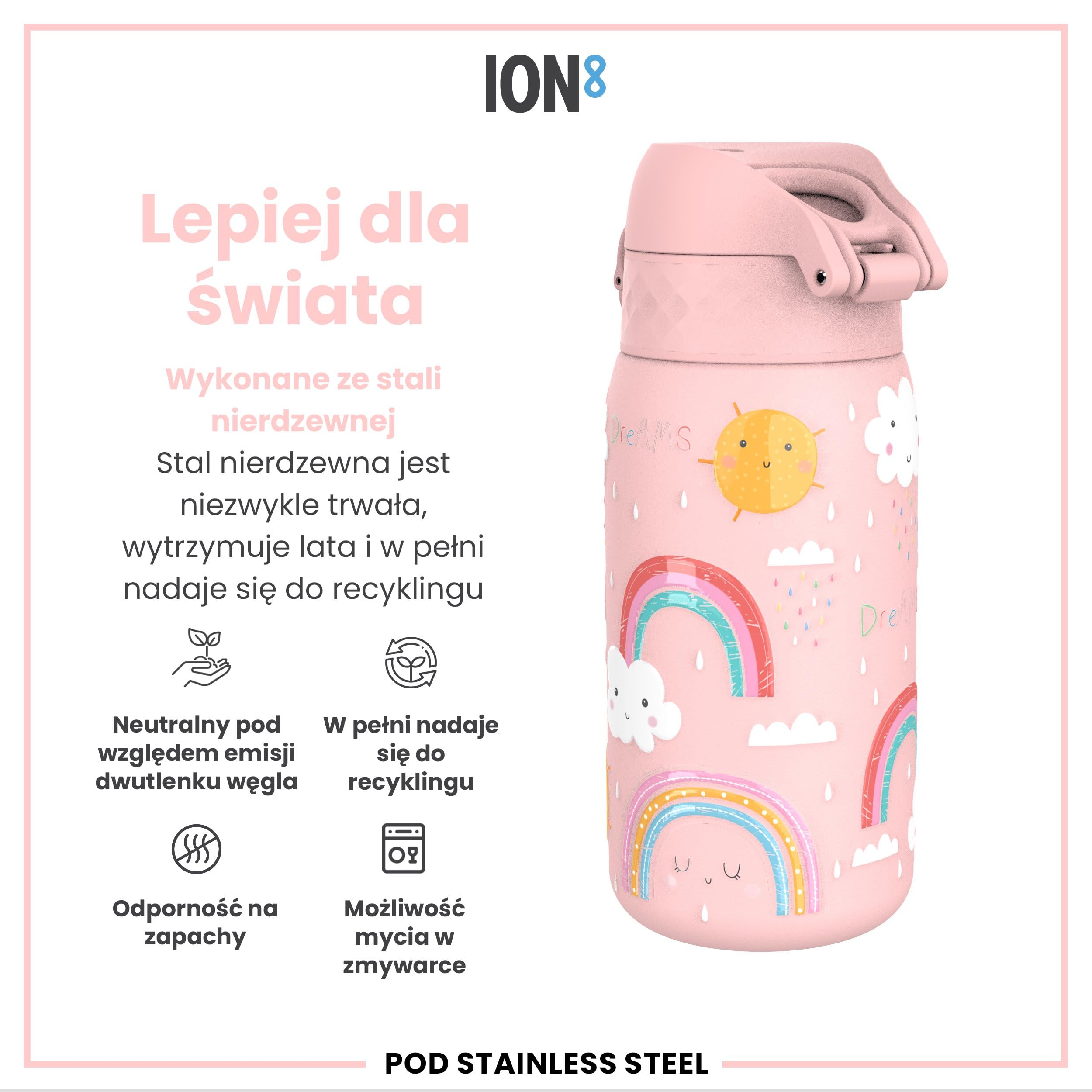 ION8 Butelka na Wodę dla Dzieci ze Lekki Stali, 400 ml/13 oz, Nieocieplany, Szczelna, Łatwa do Otwarcia, Bezpieczny Zamek, Można Myć w Zmywarce, Składany Uchwyt, Łatwa w Czyszczeniu, Tęcze