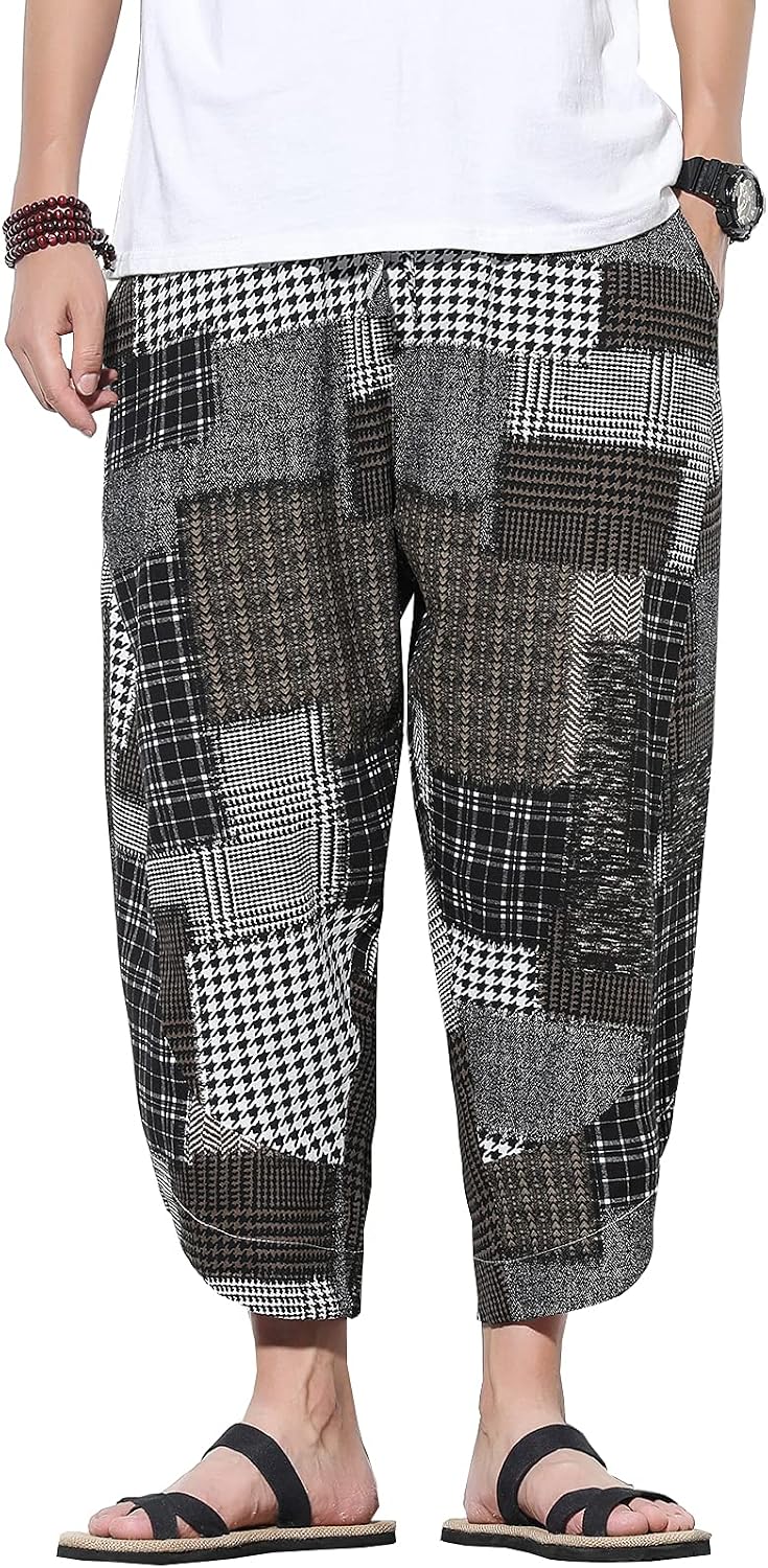 DOSLAVIDA Men's Casual Elastic Waist Linen Capri Pants Wide Leg Baggy Cotton Harem Yoga Trousers Loose Patchwork Short
