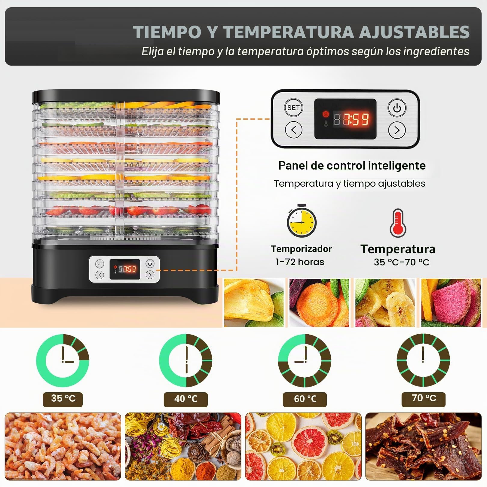 Nictemaw Deshidratador de frutas de acero inoxidable mini deshidratador de cocina con 8 compartimentos insertables, deshidratador con controlador de temperatura, 400W, 35-70°C, temporizador de 72h