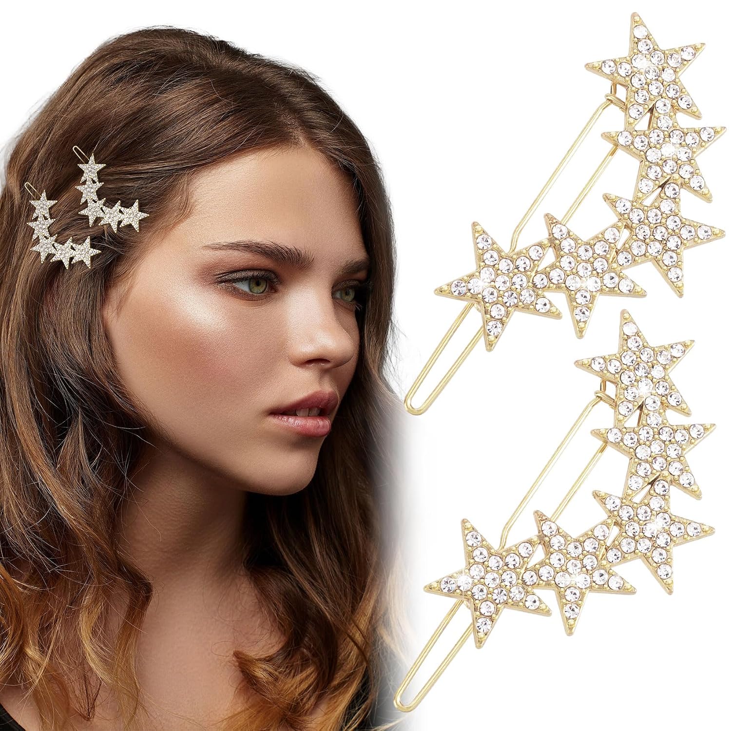 2pcs Star Hair Pin for Women, Sparkly Rhinestone Hair Bang Clips, Non-Slip Shiny Star Hair Barrette Accessories for Long Short Straight Curly Hair- Gold
