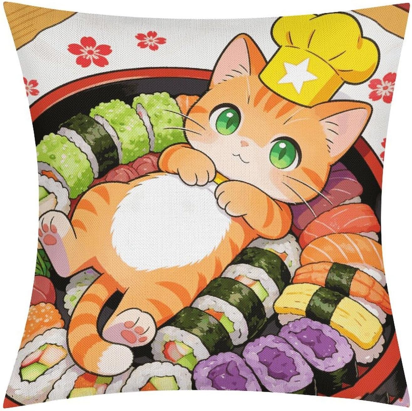 Japanese Sushi Kawaii Cat Pillow Protectors Cute Waterproof Pillow Cover Soft Skin-Friendly Cushion Case Decorative Square Cushion Cover for Couch Sofa Bed Living Room Bedroom