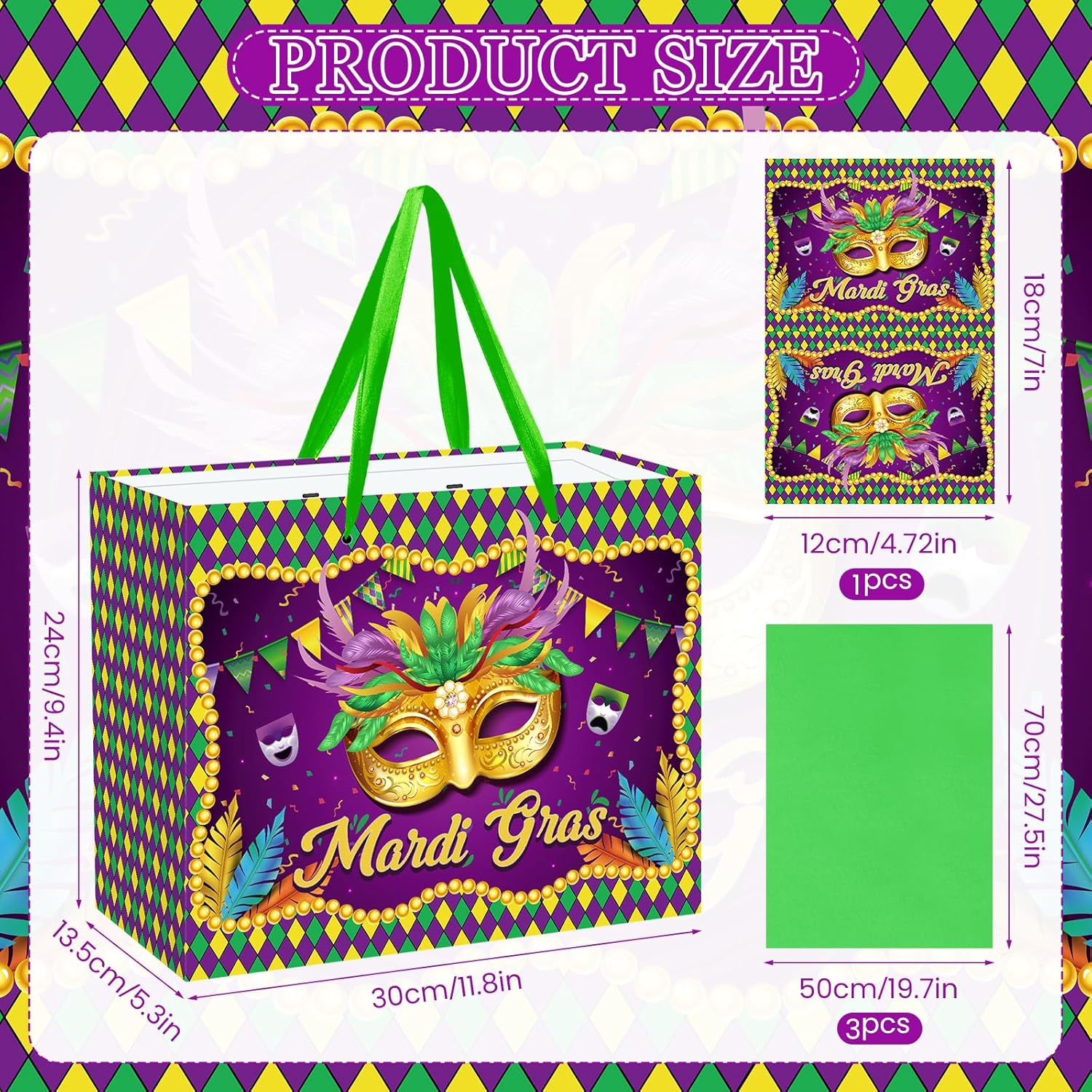 Mardi Gras Gift Bag Purple Green Mardi Gras Gift Bags with Tissue Papers and Card Crown Mask Gift Wrapping Bag Masquerade Party Favor Treat Bags for Home Birthday Costume Carnival Party Supplies