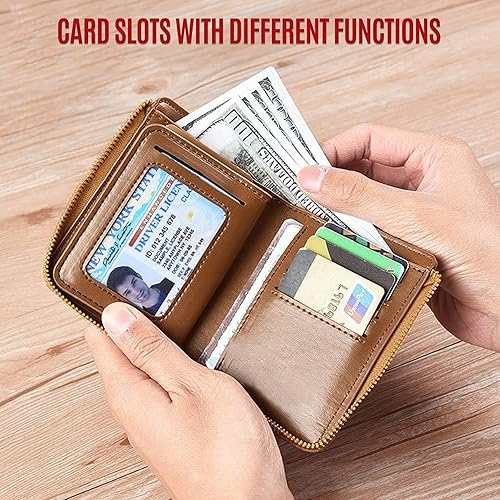 Vista 7 de Tendaisy Cartera con cierre RFID para hombre con múltiples tarjetas de crédito, Caqui, cartera Rfid