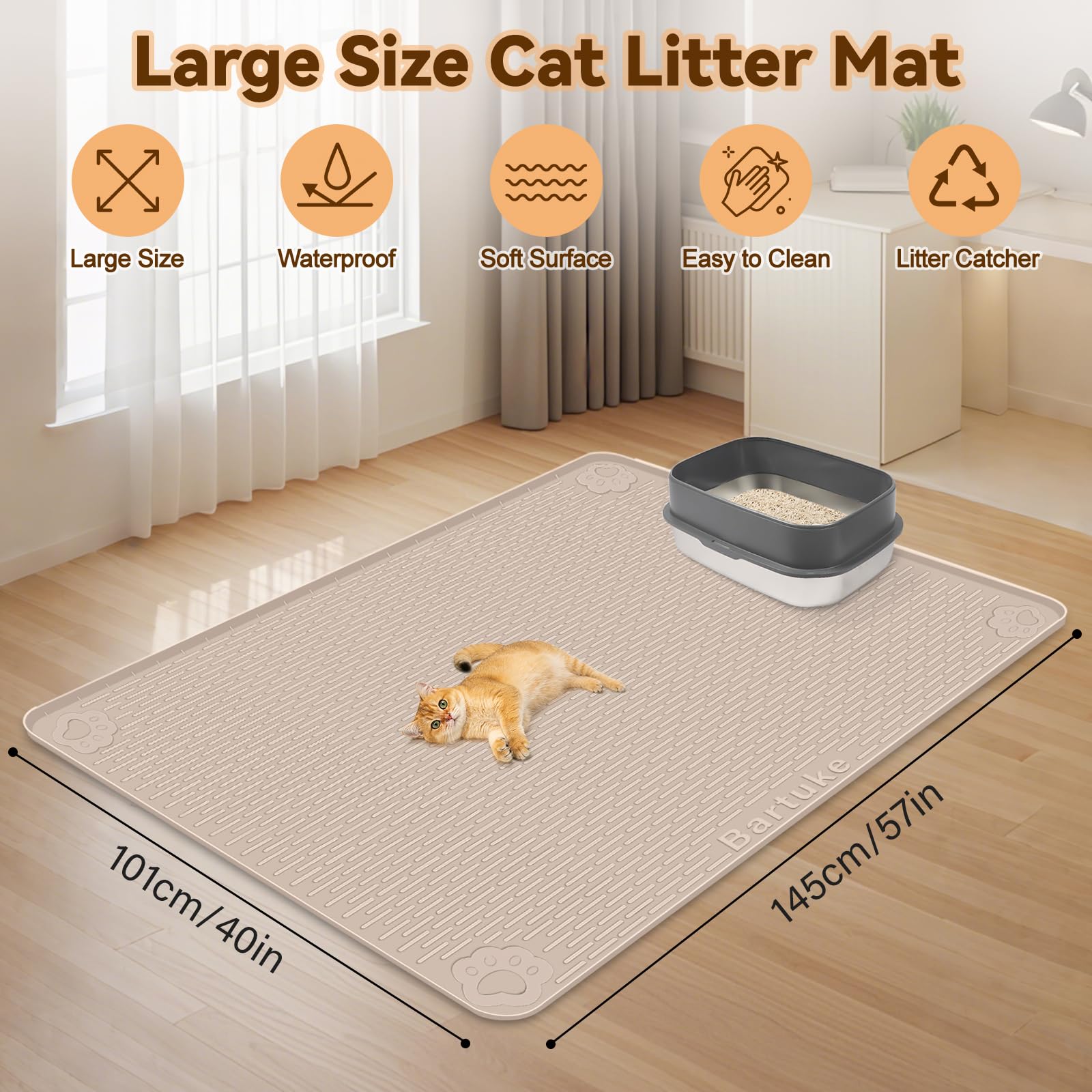 Silikon Katzenklo Matte, 145 x 102 cm Katzenmatte, Khaki | Große Katzenstreu Matte, mit Erhöhtem Rand, Geruchsneutral, Leicht zu Reinigen, Faltbar, Auslaufsichere Katzenstreumatte