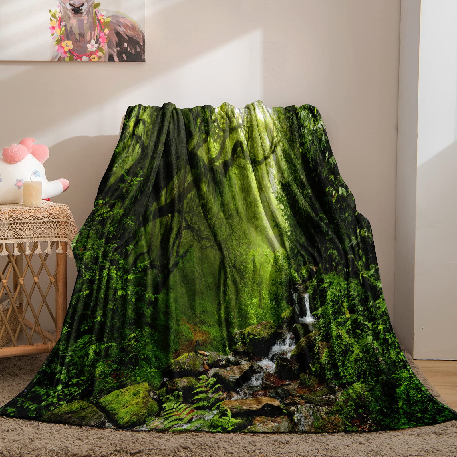 YUANZU Forest Blanket Throw, Nature Jungle Rainforest Scenery Waterfall Green Tree Pattern Soft Cozy Flannel Blanket, Warm Lightweight Plush Throw Couch Sofa Bed Cover, Gifts for Man Woman 40x50 inch