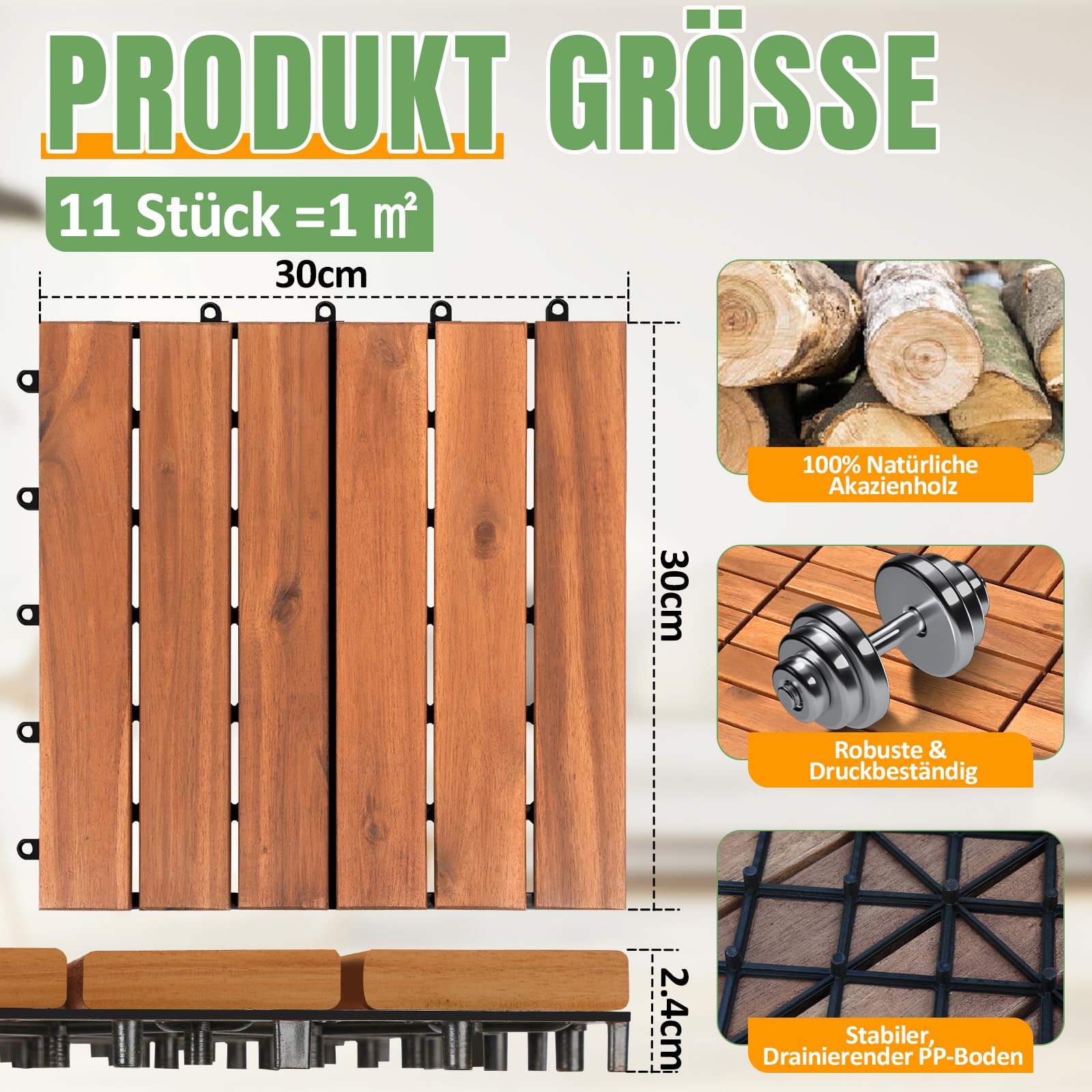 Płytki drewniane, 1 m², płytki balkonowe, tarasowe, 30 x 30 cm, na podłogę balkonową, odporne na warunki atmosferyczne, 6 płytek z drewna akacjowego, na taras, balkon, do ogrodu (11 sztuk)