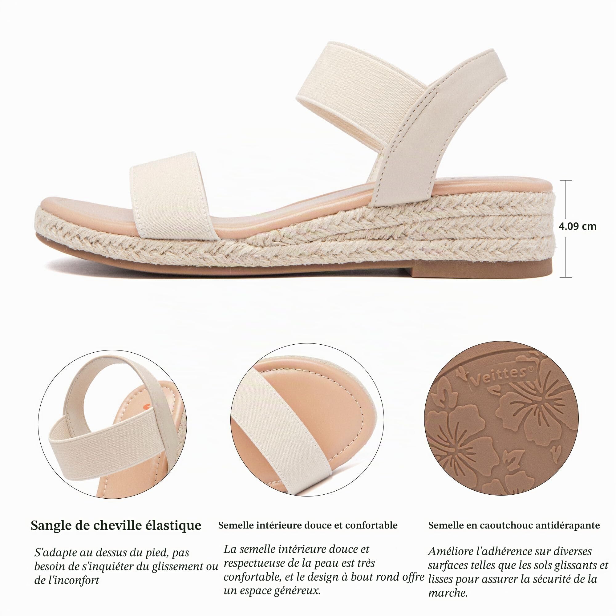 Veittes Sandales compensées à plateforme pour femmes,Sandales compensées espadrilles d'été habillées à talon avec bride élastique à la cheville, bride unique et orteils ouverts