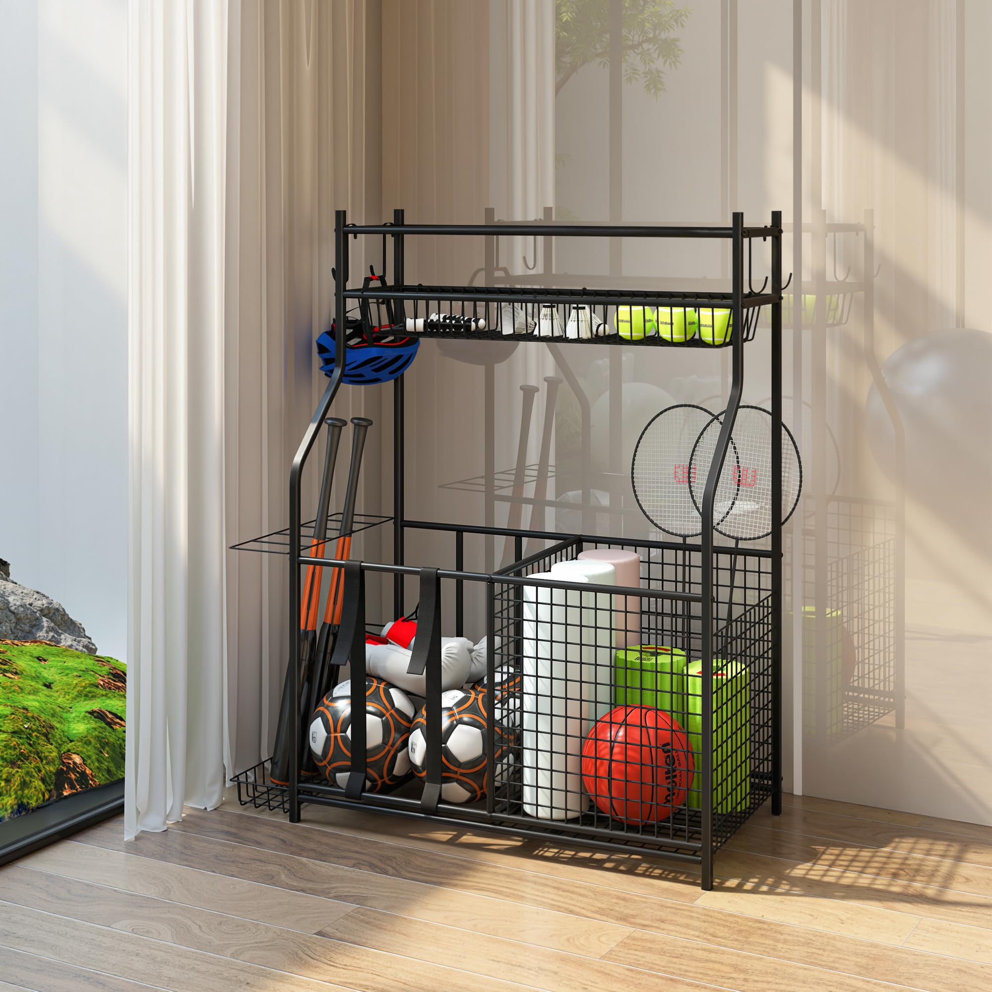 SPORTNOW Rangement d'Équipements de Sport, Organisateur d'Équipements de Sport pour Balles, Jouets avec Paniers, Crochets Amovibles, Sangles Élastiques, pour Intérieur, Extérieur, École, Garage, Noir