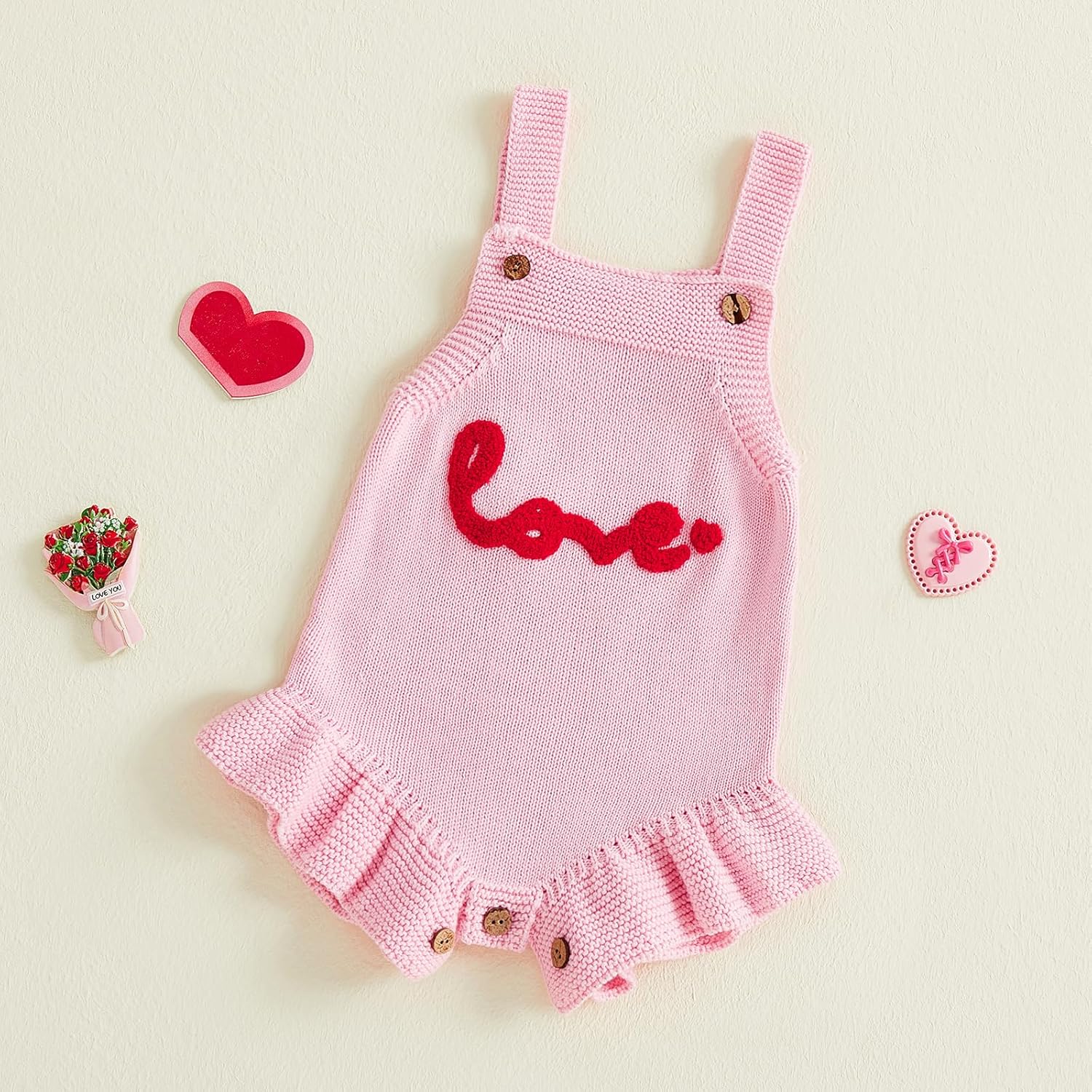 Newborn Baby Girl Valentines Day Outfit Love Embroidery Knit Ruffle Bubble Romper Knitted Sweater Overalls Bodysuit - Image 6