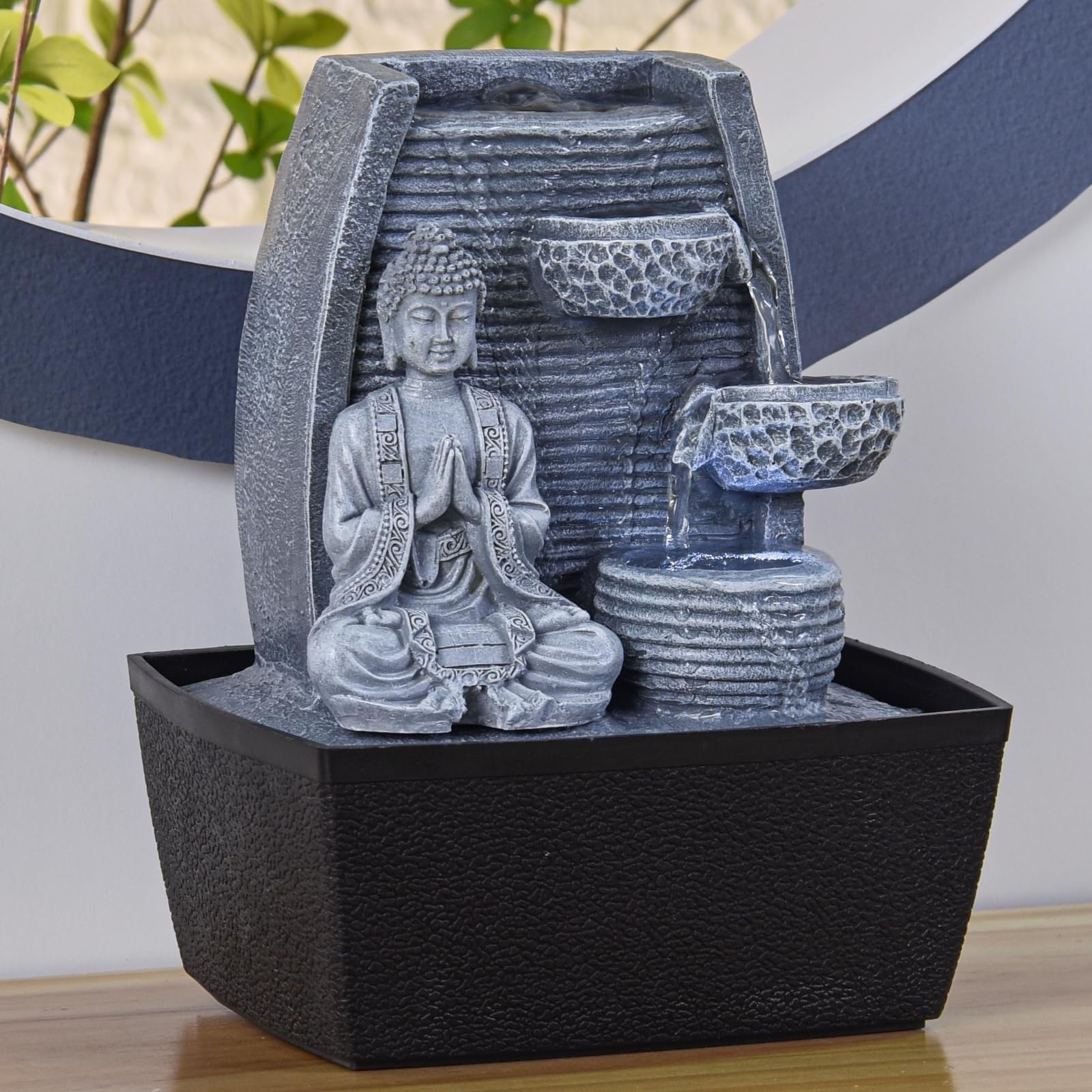 Fontaine d’Intérieur Mur d’Eau Cascade - Statue Bouddha Amovible- Fontaine de Table Lumière LED Blanc Circuit fermé - Décoration Zen Salon Chambre Feng Shui - Cadeau Utile- H 26cm - Sagesse Zen’Light