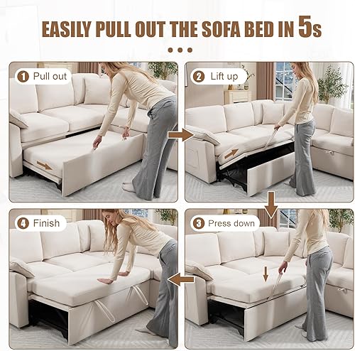 Miniatura 7 de Sofá cama modular de 85 pulgadas con cama extraíble, sofá cama en forma de L de 5 plazas con almacenamiento, sofá cama convertible que ahorra