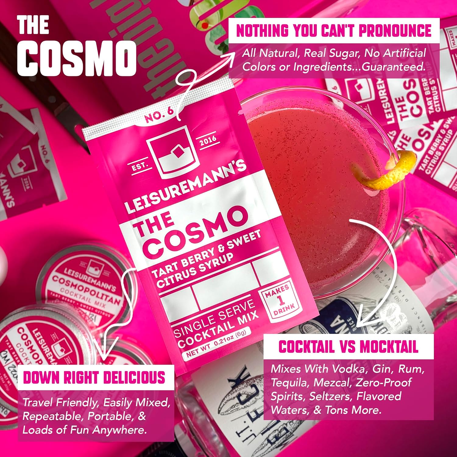 Leisuremann's Cosmo Single Serve Cocktail Mixer - Cocktail or Mocktail Powders Designed to Make Happy Hour Easier - All Natural - Low Sugar - Travel Ready (10 Pack)
