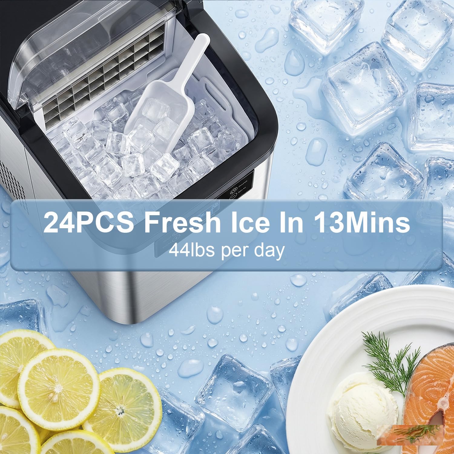 Waleaf 44Lbs Per Day Countertop Ice Maker Machine with 24H Timer, 24Pcs Ice Cubes Ready in 13 Mins,Portable Auto-Cleaning Ice Makers with Basket and Scoop, for Home Kitchen Camping RV (44lbs)