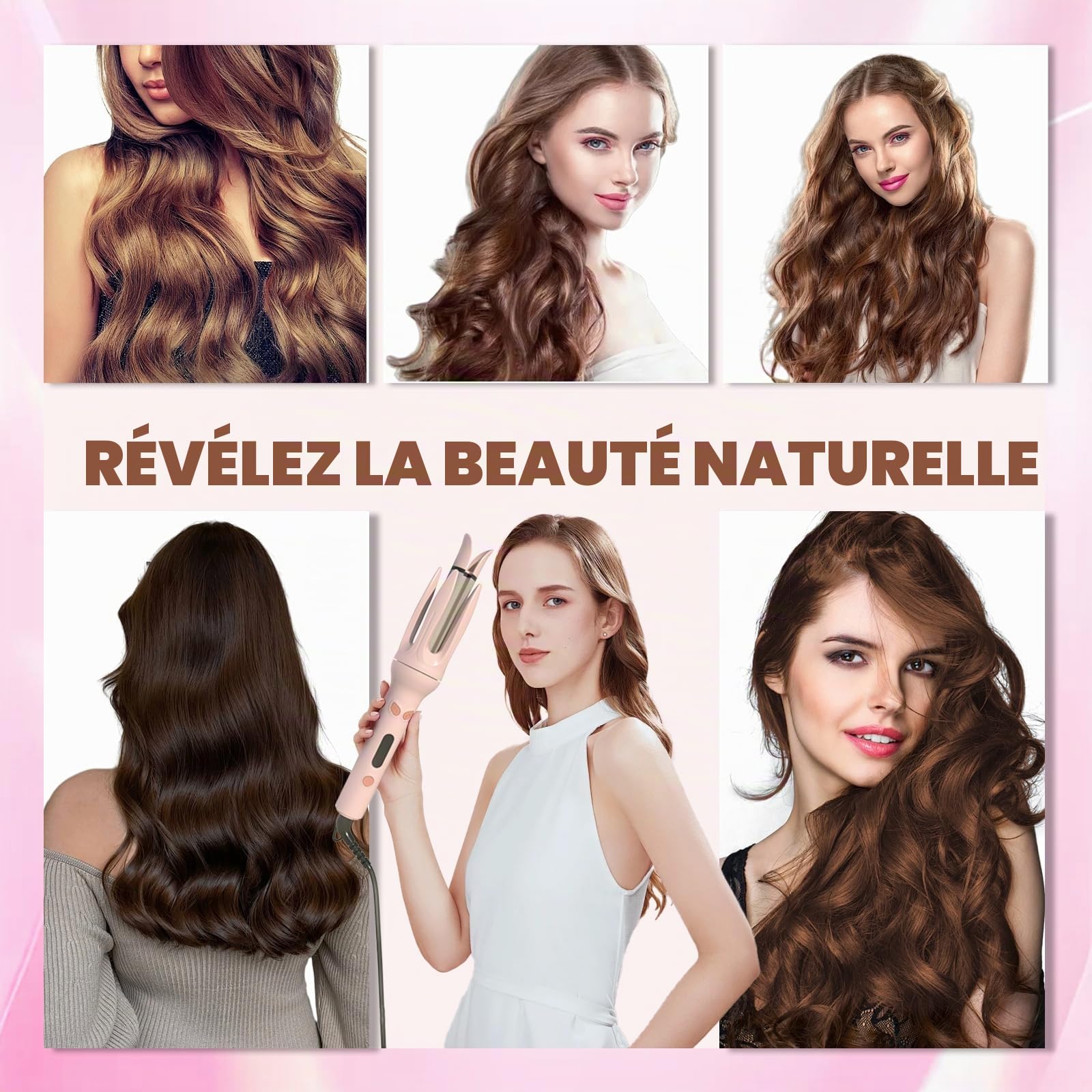 Fer à Friser Automatique, Boucleur à Cheveux avec 4 Température Réglable, Anti-brûlure, Rotatif à 360° Fer a Boucler pour Coiffure, Rose