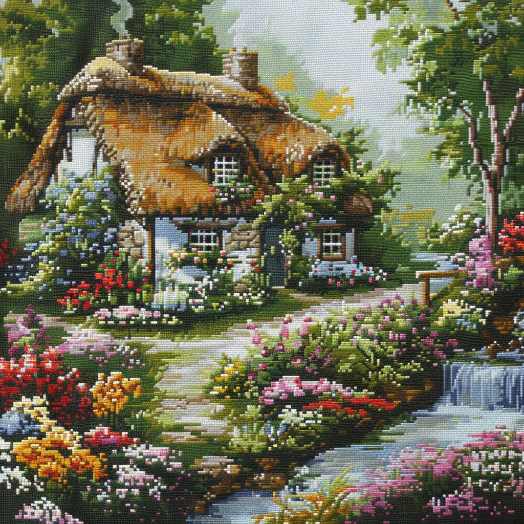 A Thatched Cottage In Flowers And River DIY 11CT