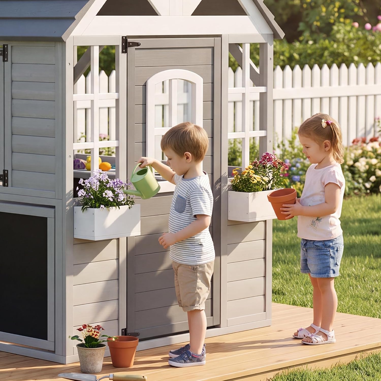  Kids Outdoor Playhouse Wooden Cottage Play House for Kids Ages 3-8 | Toddler Toy with Play Kitchen,Pet Door,Blackboards,Sink, Flowerpot,Snack Bar for Outdoor Backyard Imaginative Play thumbnail