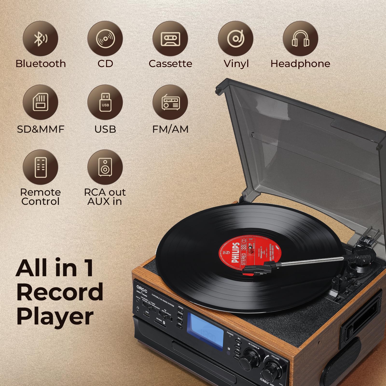 ORCC Giradischi 10 in 1, con carta regalo, giradischi in vinile per 33/45/78 giri/min, riproduzione e registrazione CD/USB/SD, Bluetooth e telecomando, radio FM/AM per gli amanti della musica, marrone