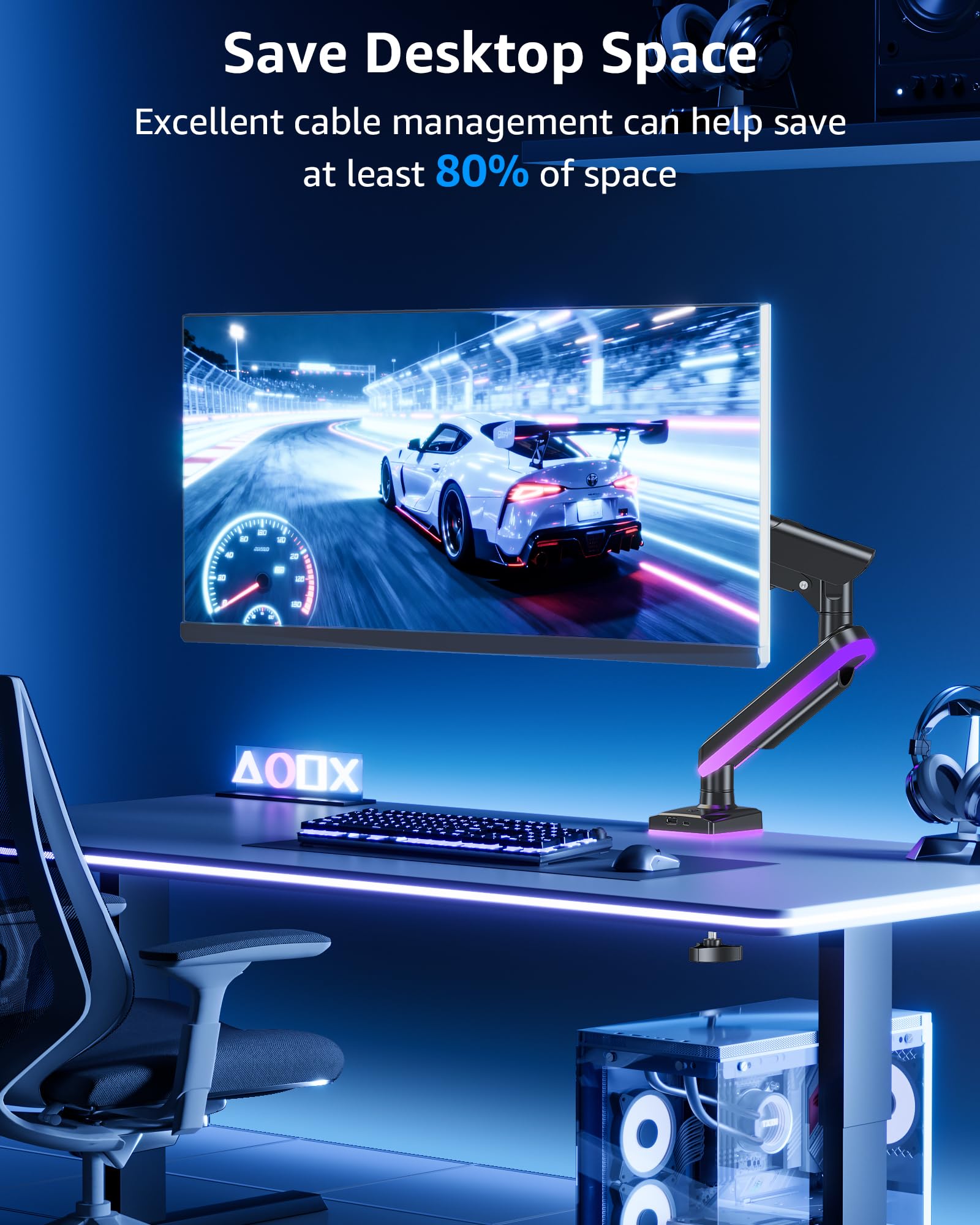 MOUNTUP Braccio singolo per monitor RGB adatto a 32 27 24 22 pollici, supporta schermi da 2 a 10 kg, supporto per monitor per scrivania con luci RGB, 19 modalità, supporto da scrivania per monitor per