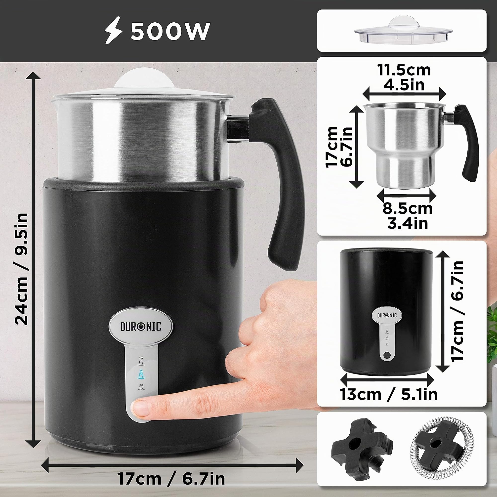 Duronic MF500 BK Mousseur à lait électrique 550W Capacité 500 ml
