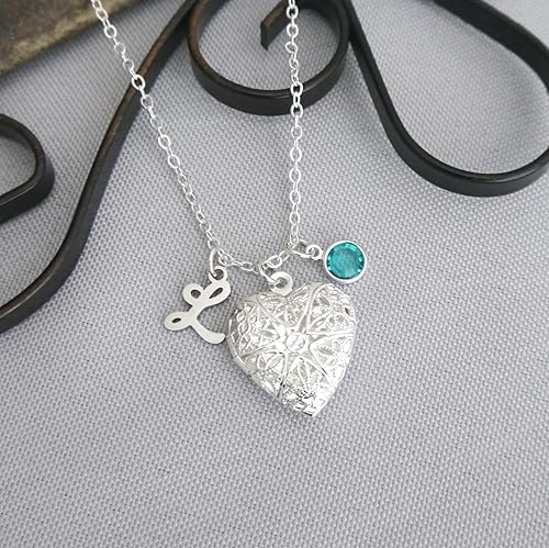 Vista 8 de Madie's Charms Heart Picture Locket - Personalized Locket Necklace - Initial Necklace - Heart Locket - Silver - Custom - Birthstone Necklace