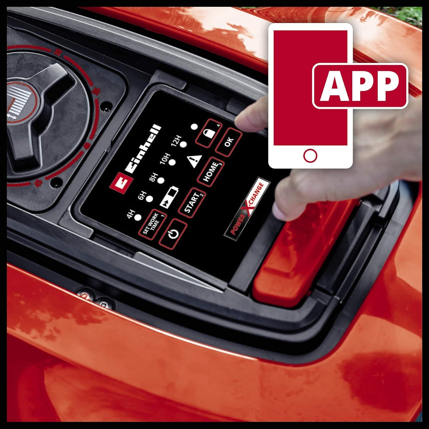 Hand interacting with the mower's control panel, with a smartphone icon indicating app control