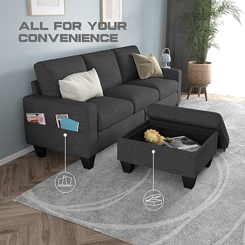 Miniatura 8 de Sofá modular convertible de 78 pulgadas sofá modular de 3 asientos gris oscuro en forma de L con otomana de almacenamiento y bolsillos, moderno sofá