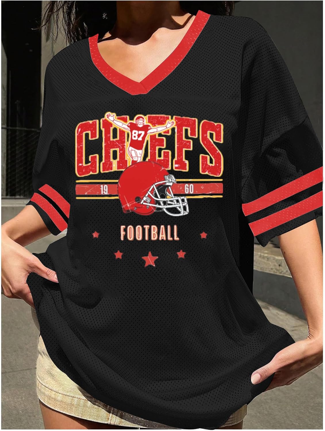 Oversized Football Jersey Tshirt Women Game Day Graphic V-Neck Jersey Tees Football Team Fans Mesh Tshirt - Image 4