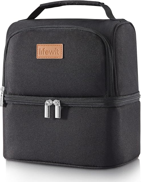 Lifewit 7L Lunch Cool Bag Dual Compartment Insulated Lunch Bag for Adults/Men/Women/Kids, Water-Resistant Leakproof Soft Cooler Bag Thermal Bento Box for Work/School/Picnic (Black)