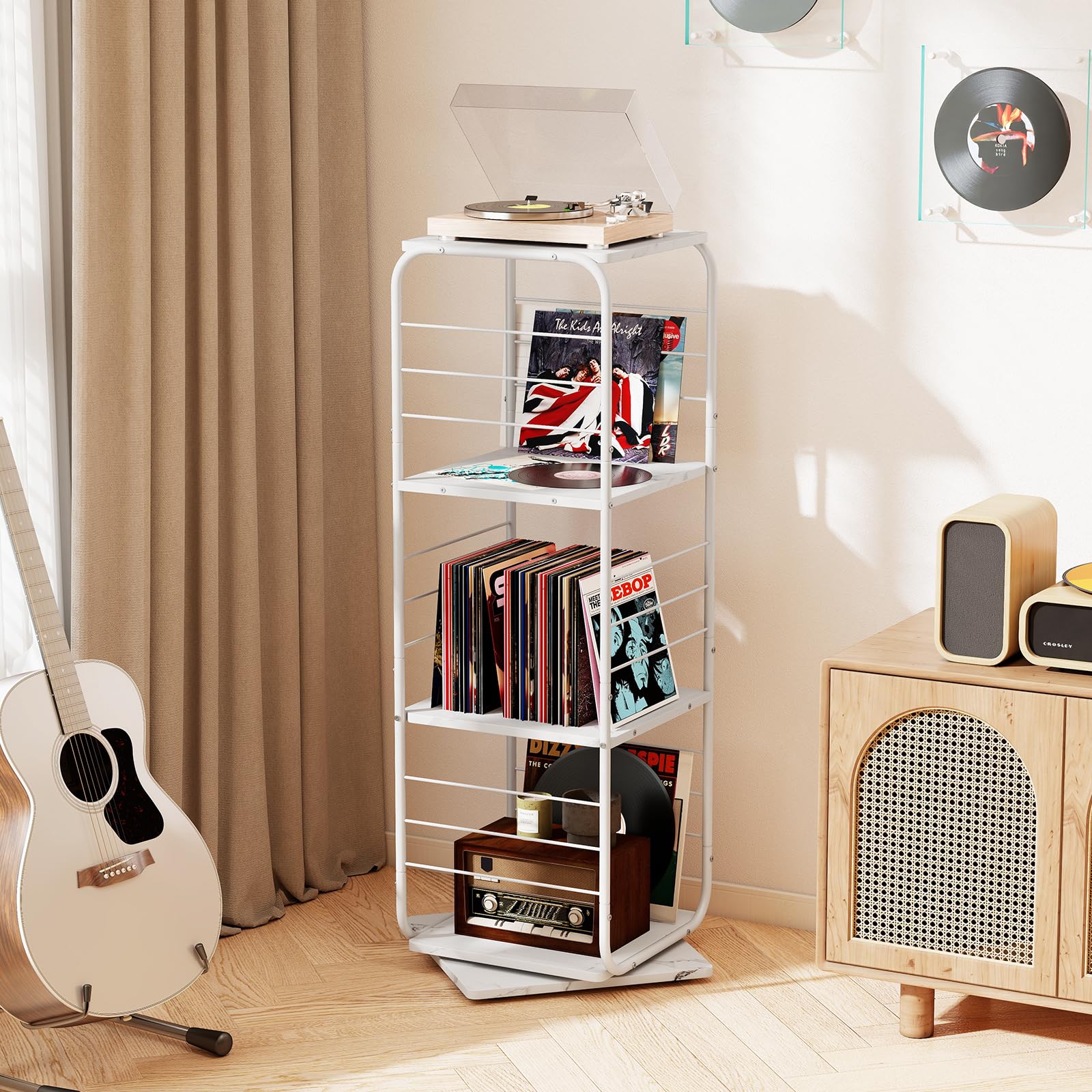 COSTWAY Mueble Tocadiscos de Vinilo para 280 LPs, Estantería Giratoria para Vinilos de 4 Niveles, Giratoria 360°,Metal, Soporte de Tiscos para Salón, 40x40x115cm (blanco)