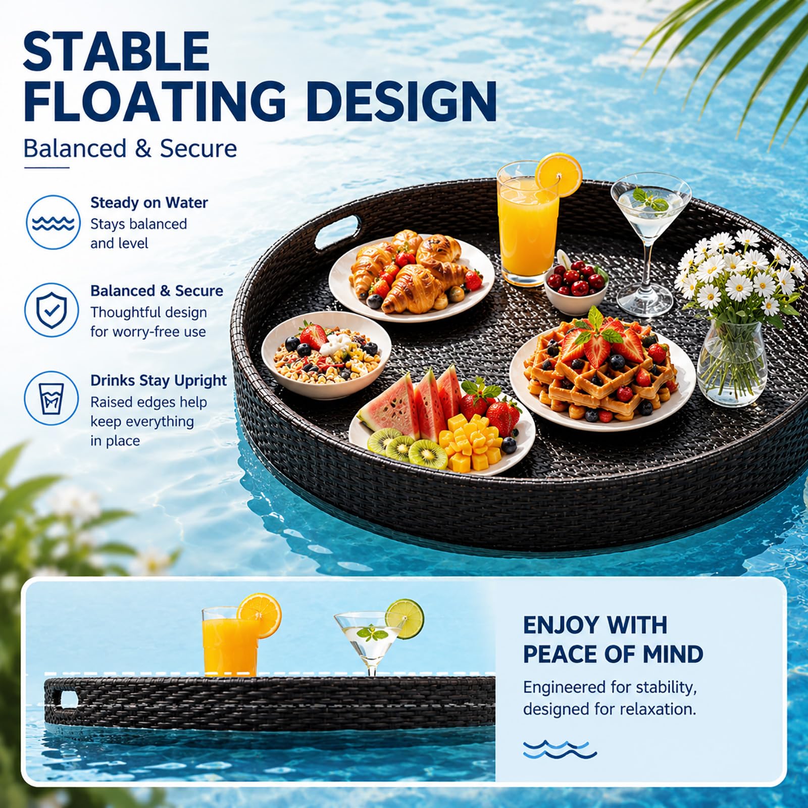 Vassoio Galleggiante per Piscina, Grande Vassoio in Rattan per Bevande Snack e Brunch, Bar Galleggiante per Piscina Spa Jacuzzi e Feste in Giardino Black Heart-60 cm