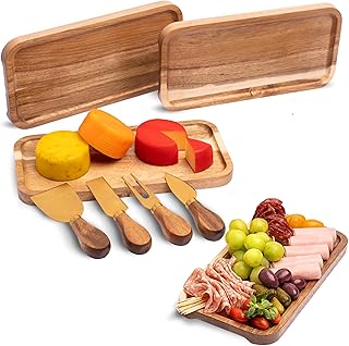 Acacia Wood Serving Tray Set – Small Rectangular Wooden Platters with Cheese Tools for Food, Appetizers & Charcuterie, Ideal for Gatherings, Snack & Cheese Board (Set of 4)