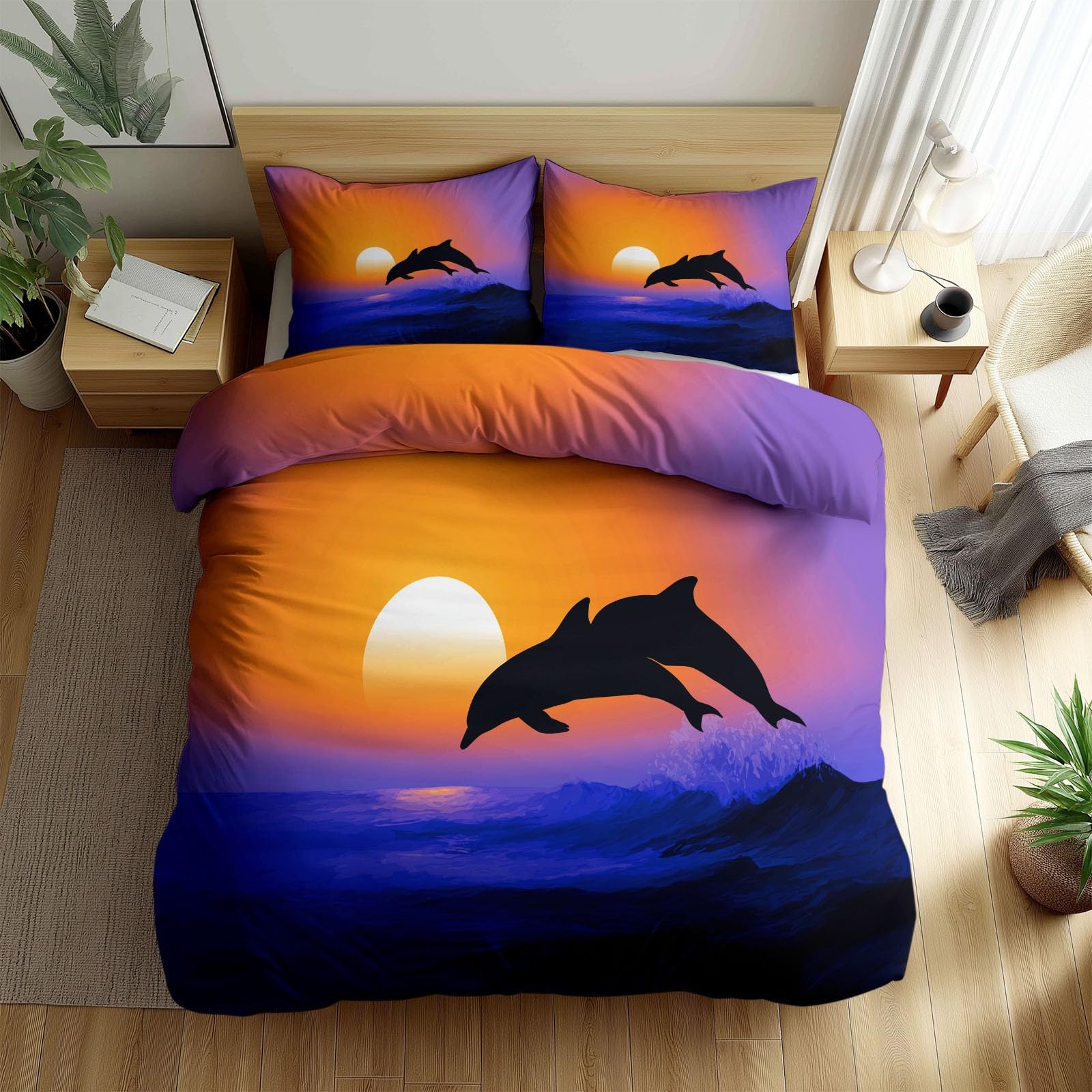 Housse de Couette Microfibre Douce pour Lit 2 Personnes Parure 240x260 cm Dauphins Bleu