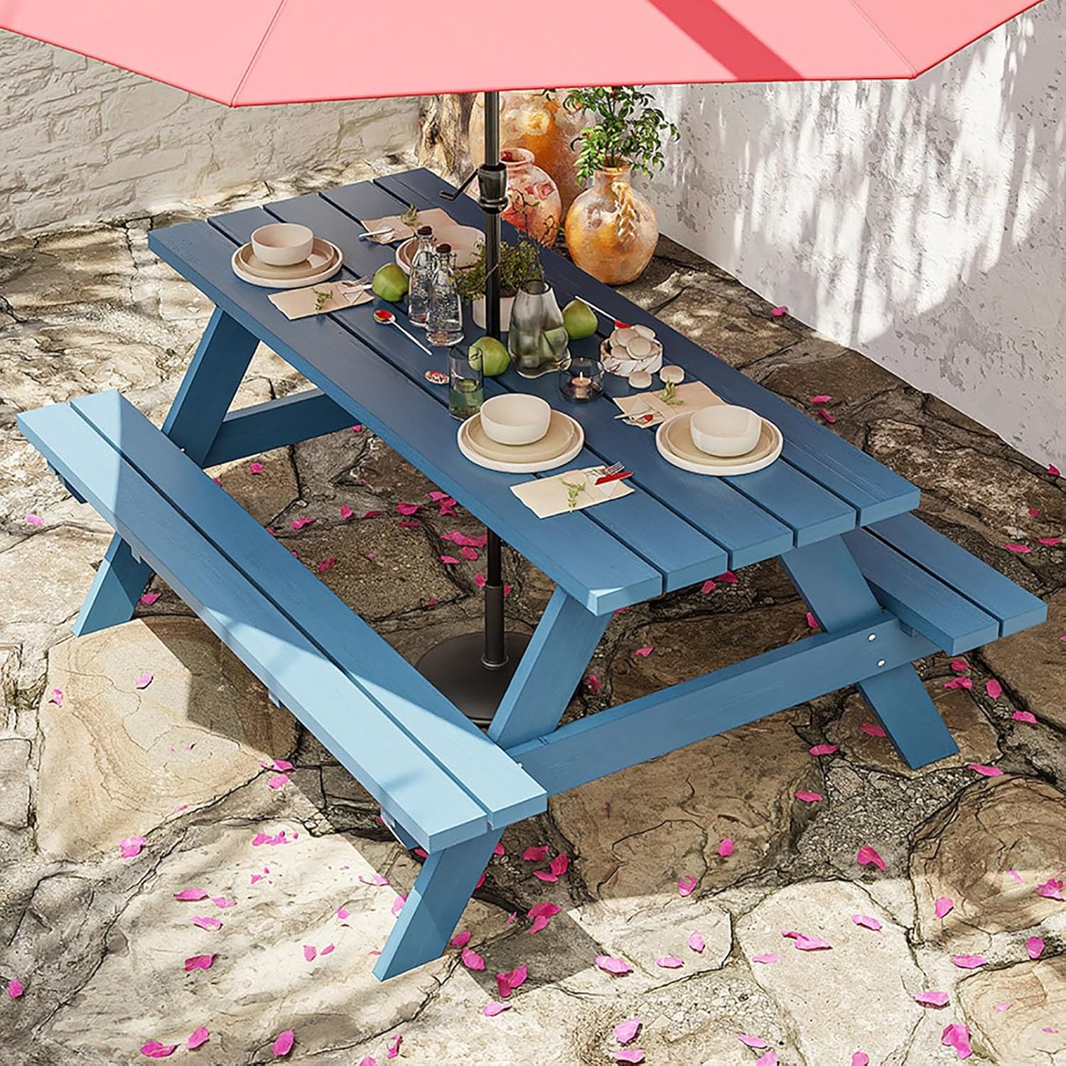 Wooden Picnic Table with Bench Outdoor Camping Table Chair Set 6 Person Patio Dining Table with Umbrella Hole for Deck Lawn Garden Backyard(Blue,120x55x60cm)