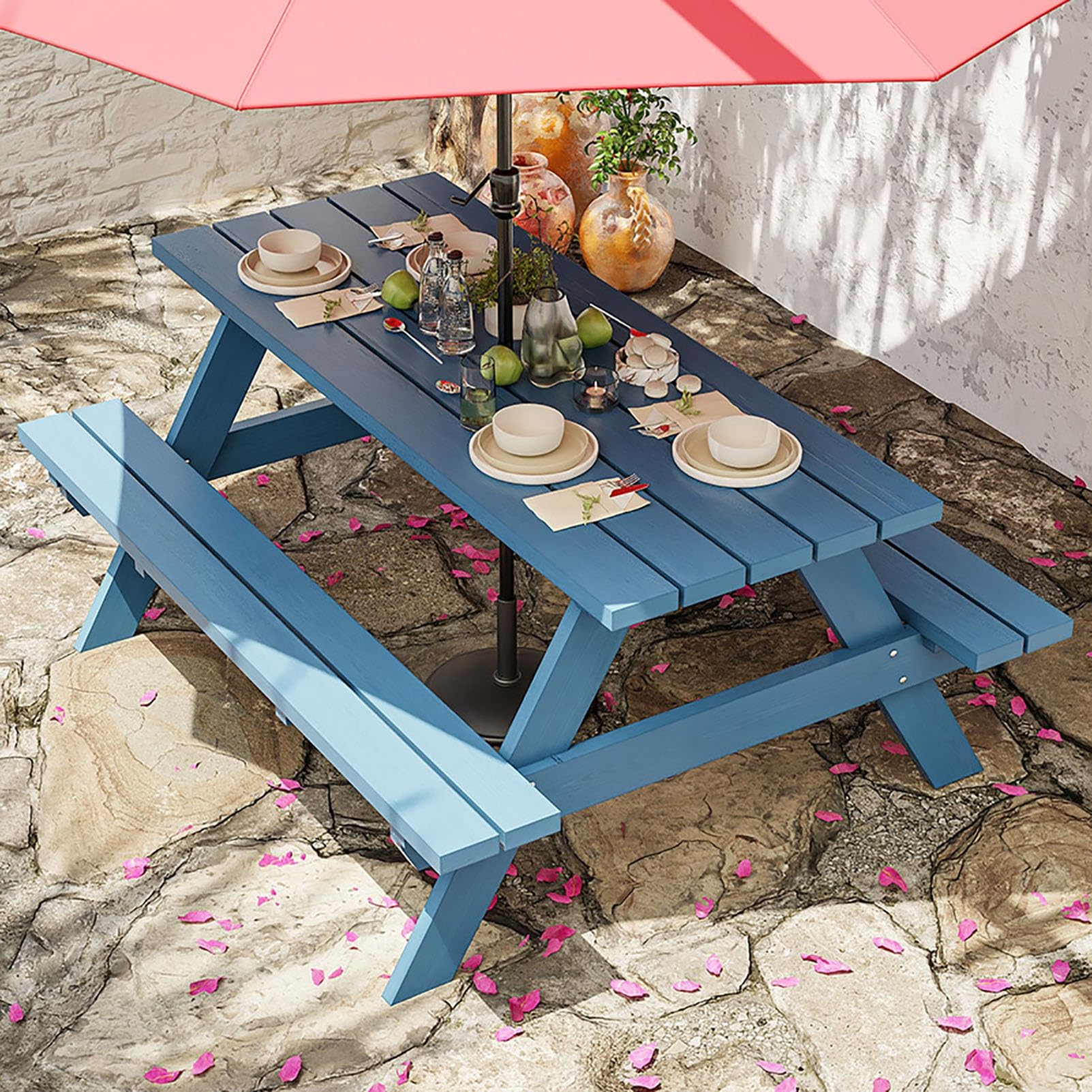 Set di tavolo da picnic in legno per 6 con panche e foro per ombrellone, perfetto per campeggio, patio, prato e giardino, colore blu, 150 x 55 x 60 cm