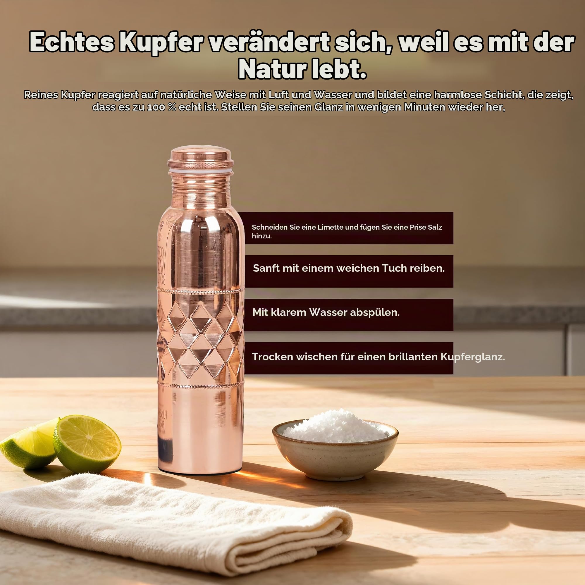 Wasserflasche aus natürlichem Kupfer, ca. 1 Liter (34 oz) – Ayurvedische Flasche aus reinem Kupfer für Fitnessstudio, Büro, Wandern und Outdoor-Aktivitäten – 2 Stück