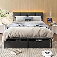 Vista 5 de Furnulem Marco de Cama Queen con Cabecera Ajustable, Cama Tapizada con 2 Cajones de Almacenamiento, Estación de Carga USB Integrada y Luces LED